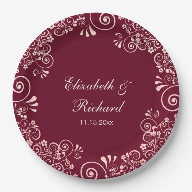 Elegant Rose Gold  Burgundy Floral Swirls Wedding Paper Plate (Front)
