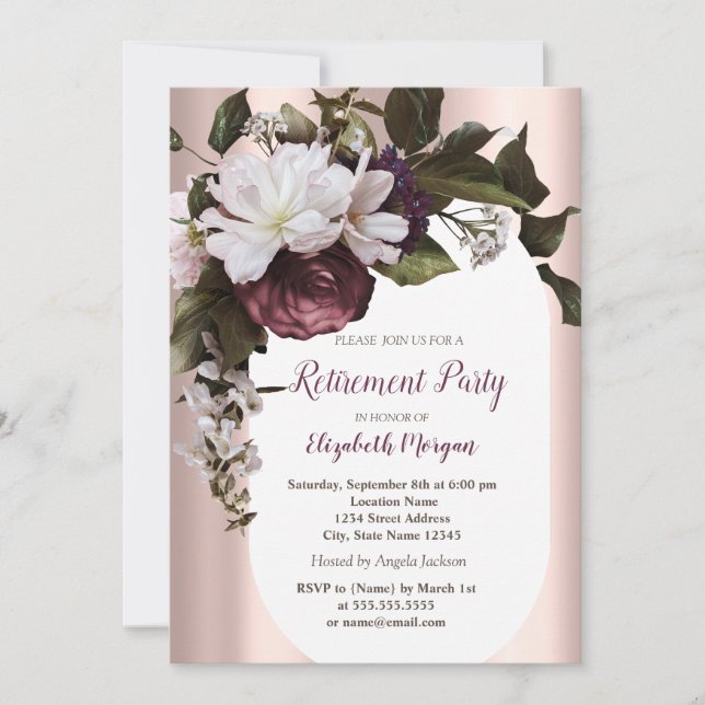 Elegant Rose Gold Burgundy Flowers Retirement  Invitation (Front)