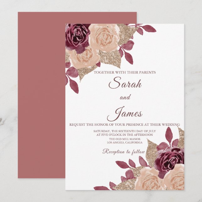 Elegant Rose Gold Burgundy Glitter Floral Wedding Invitation (Front/Back)
