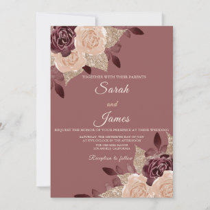 Elegant Rose Gold Burgundy Glitter Floral Wedding Invitation