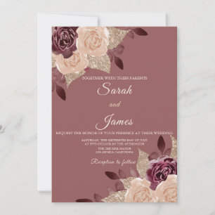 Elegant Rose Gold Burgundy Glitter Floral Wedding Invitation