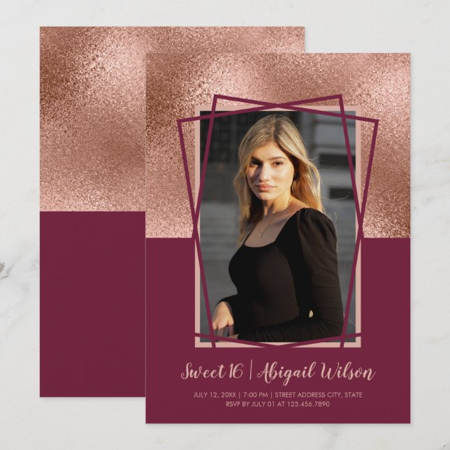 Elegant rose gold burgundy sweet sixteen birthday invitation (Front/Back)