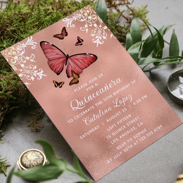 Elegant Rose Gold Butterfly Floral Quinceañera Invitation (Creator Uploaded)
