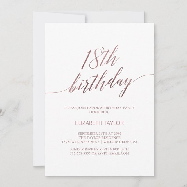 Elegant Rose Gold Calligraphy 18th Birthday Invitation (Front)