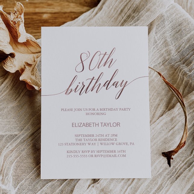 Elegant Rose Gold Calligraphy 80th Birthday Invitation (Creator Uploaded)