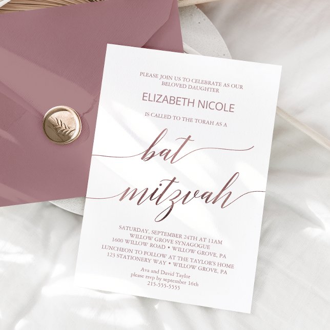 Elegant Rose Gold Calligraphy Bat Mitzvah Invitation (Creator Uploaded)