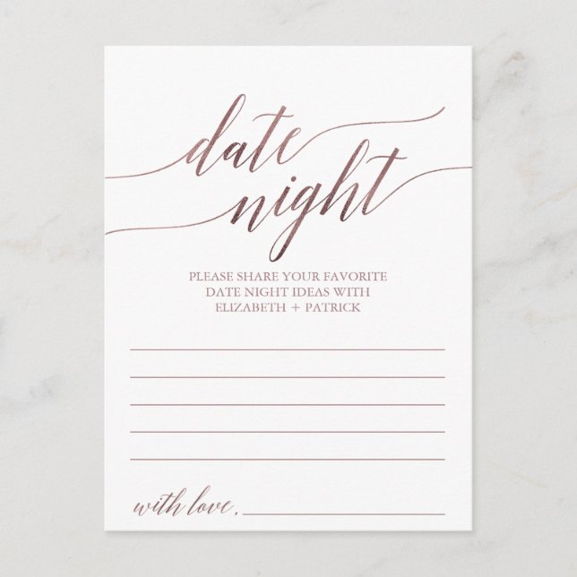 Elegant Rose Gold Calligraphy Date Night Idea Card (Front)