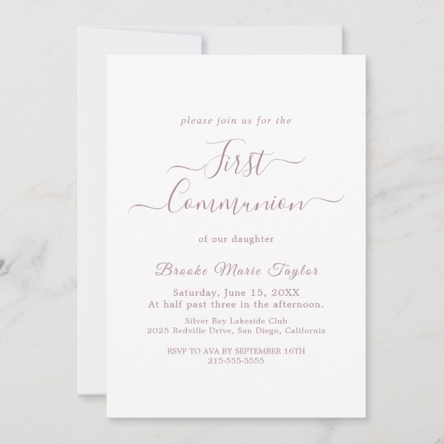 Elegant Rose Gold Calligraphy First Communion  Invitation (Front)