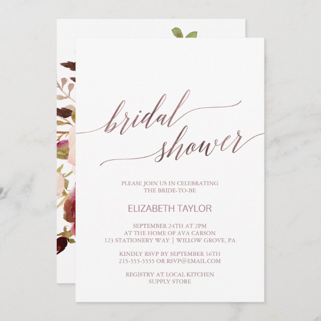 Elegant Rose Gold Calligraphy Floral Bridal Shower Invitation (Front/Back)
