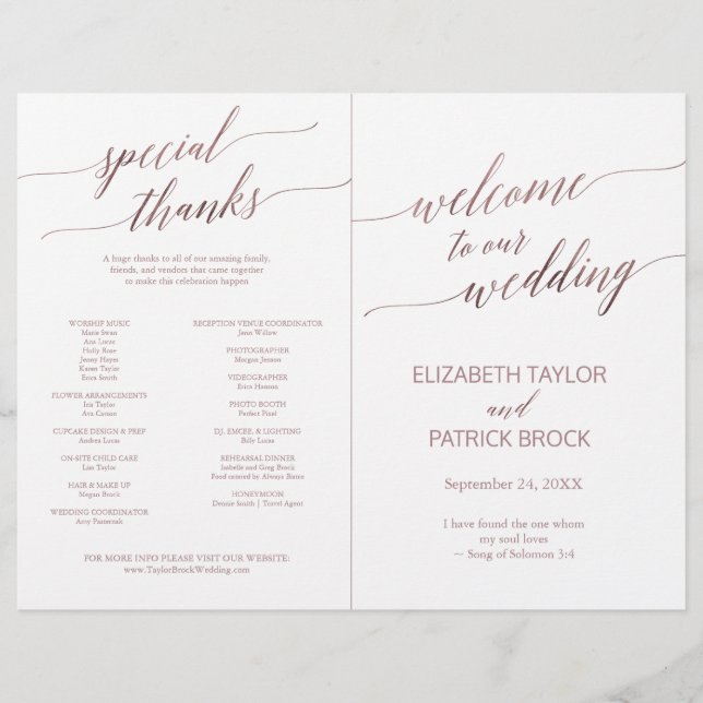 Elegant Rose Gold Calligraphy Folded Full Program (Front)
