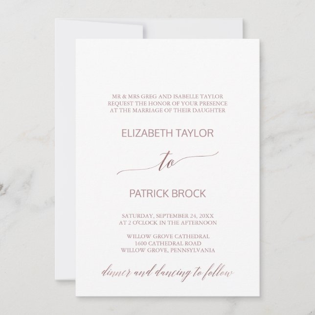 Elegant Rose Gold Calligraphy Formal Wedding Invitation (Front)