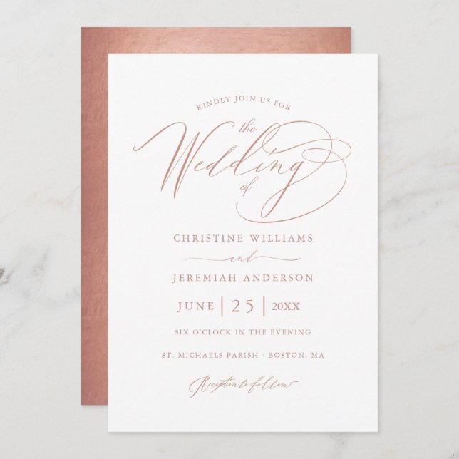 Elegant Rose Gold Calligraphy Metallic Wedding Invitation (Front/Back)