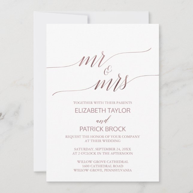 Elegant Rose Gold Calligraphy Mr & Mrs Wedding Invitation (Front)