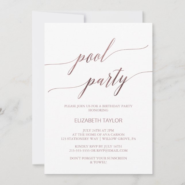 Elegant Rose Gold Calligraphy Pool Party Birthday Invitation (Front)