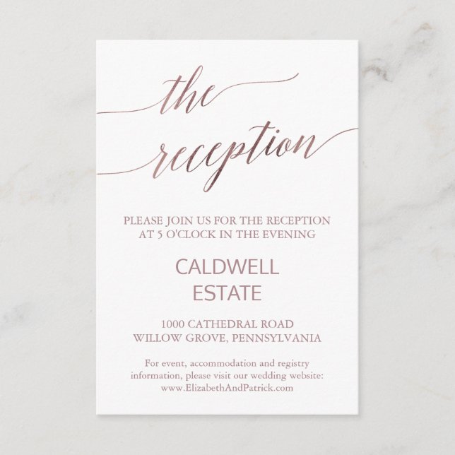 Elegant Rose Gold Calligraphy Reception Card (Front)