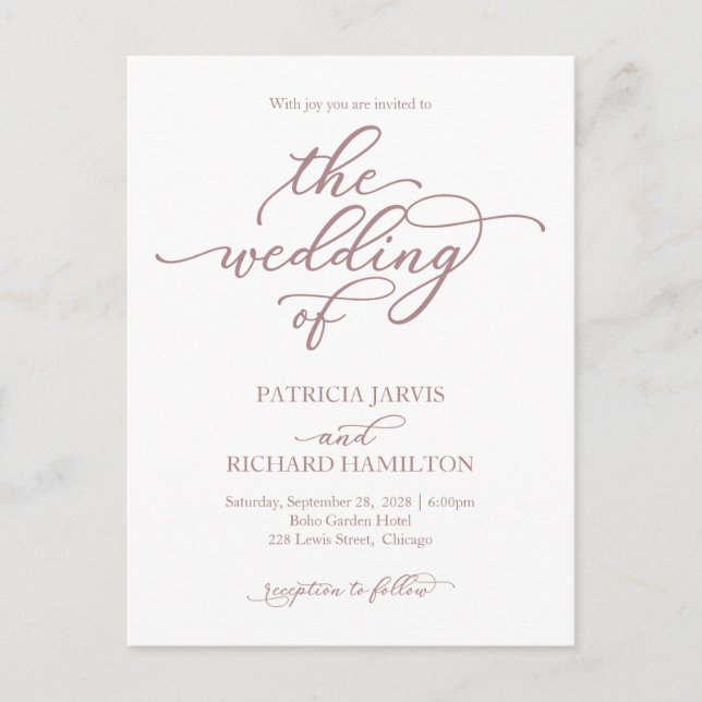 Elegant Rose Gold Calligraphy Wedding Invitation Postcard (Front)