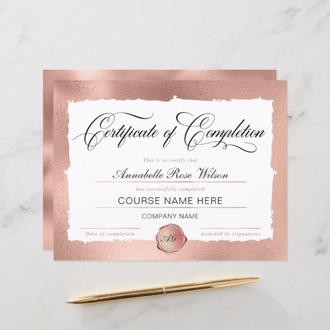 Elegant Rose Gold Certificate of Completion Award  (Front/Back In Situ)
