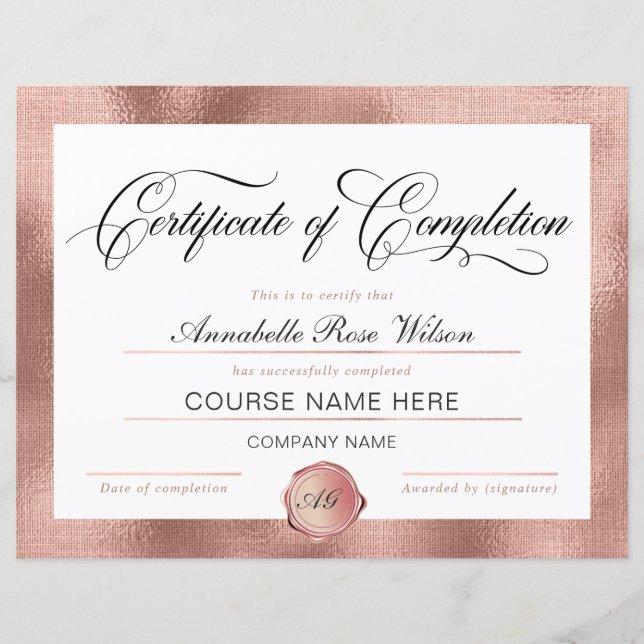 Elegant Rose Gold Certificate of Completion Award  (Front)