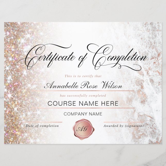 Elegant Rose Gold Certificate of Completion Award  (Front)