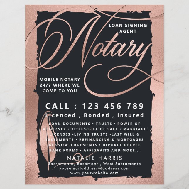 Elegant Rose Gold & Charcoal Notary Loan Agent  Flyer (Front)