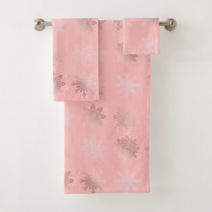 Elegant Rose Gold Christmas Snowflake Pattern Bath Towel Set