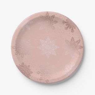 Elegant Rose Gold Christmas Snowflake Pattern Paper Plate