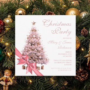 Elegant Rose Gold Christmas Tree Bow Holiday Invitation