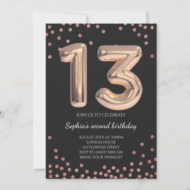 Elegant Rose Gold Confetti 13th Birthday Girl Invitation (Front)