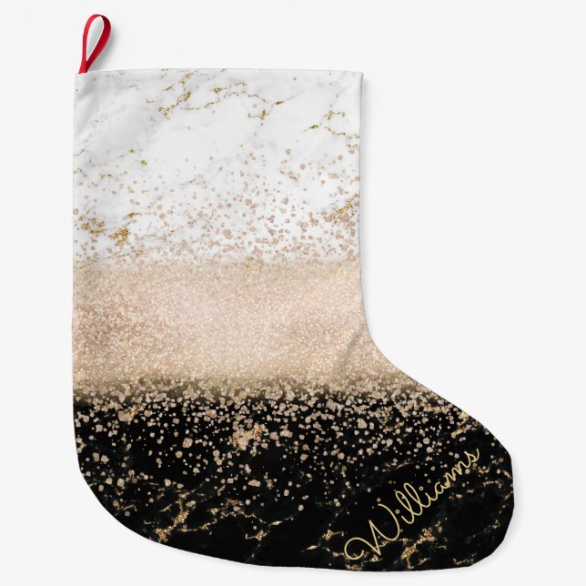 Elegant rose gold confetti marble design large christmas stocking (Front)