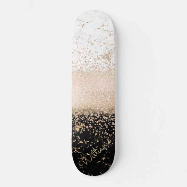 Elegant rose gold confetti marble design skateboard (Front)