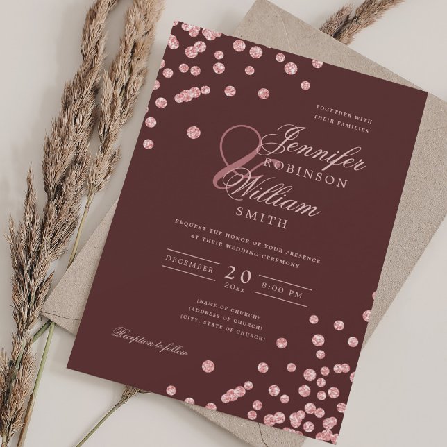 Elegant Rose Gold Confetti QR Wedding Burgundy Red Invitation (Elegant Rose Gold Confetti QR Wedding Burgundy Red Invitation)