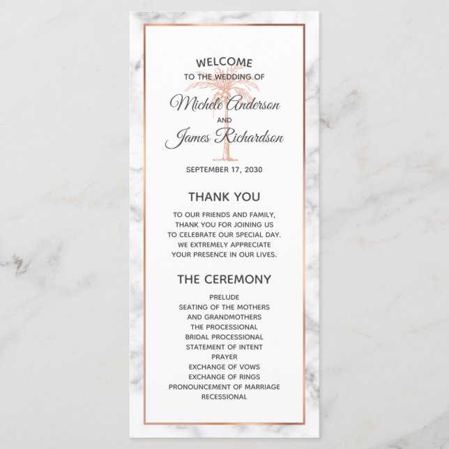 Elegant Rose Gold Copper Marble Palm Tree Wedding Programme (Front)