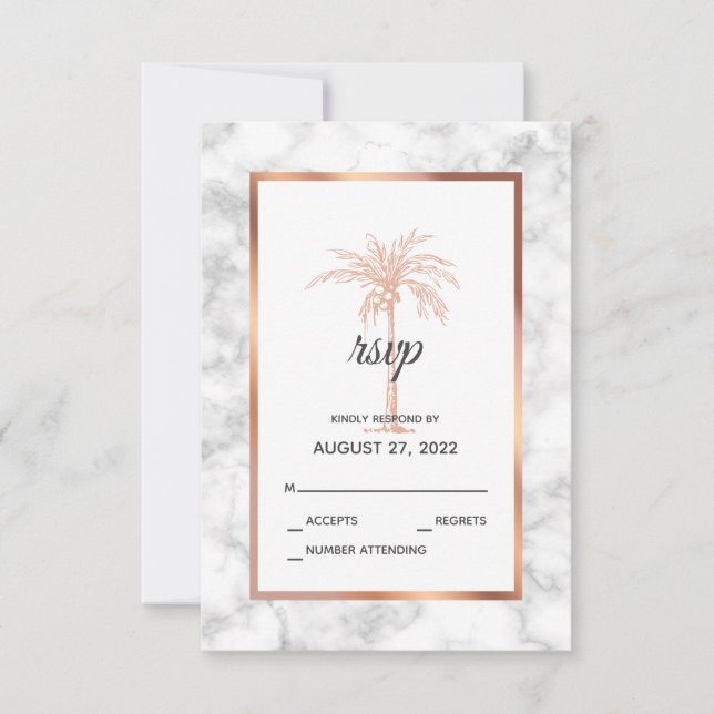 Elegant Rose Gold Copper Marble Palm Tree Wedding RSVP Card (Front)