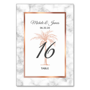 Elegant Rose Gold Copper Palm Tree Marble Wedding Table Number