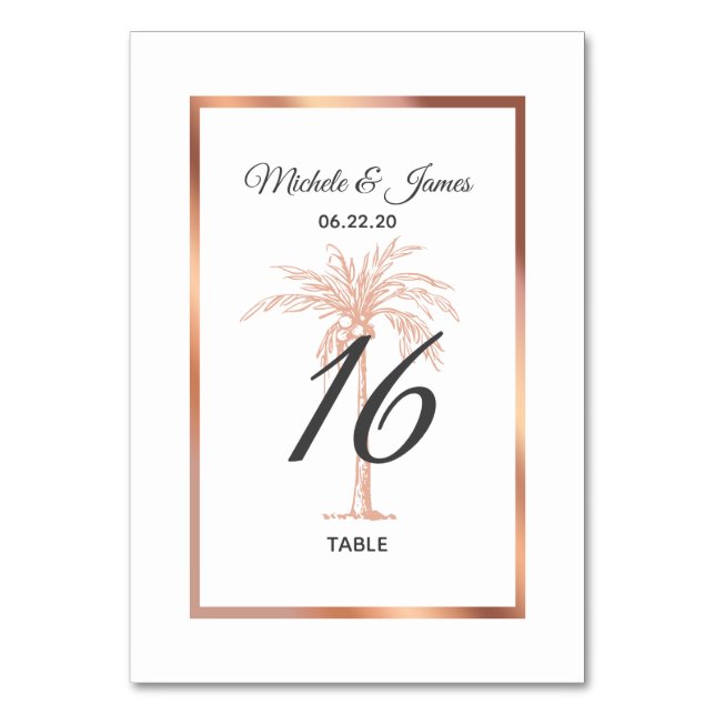 Elegant Rose Gold Copper Palm Tree Modern Wedding Table Number (Front)