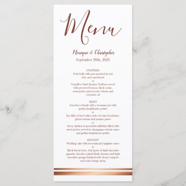Elegant Rose Gold Copper White Wedding Menu (Front)