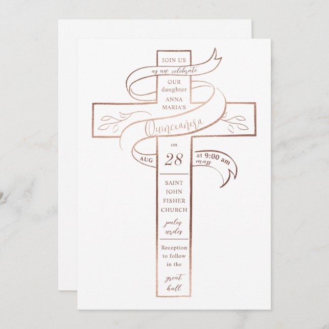 Elegant Rose Gold Cross Ribbon Quinceañera Invitation (Front/Back)