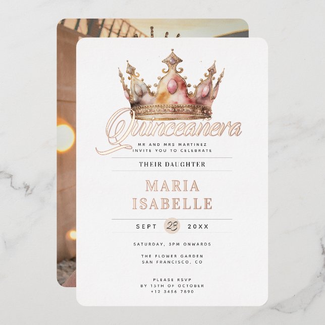 Elegant Rose Gold Crown Quinceañera Party (Front/Back)