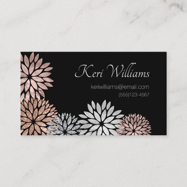 Elegant Rose Gold Dahlia Floral Glitter Foil Business Card (Front)