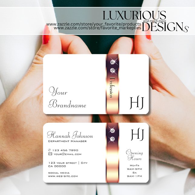 Elegant Rose Gold Decor on White Diamonds Initials Business Card (Creator Uploaded)