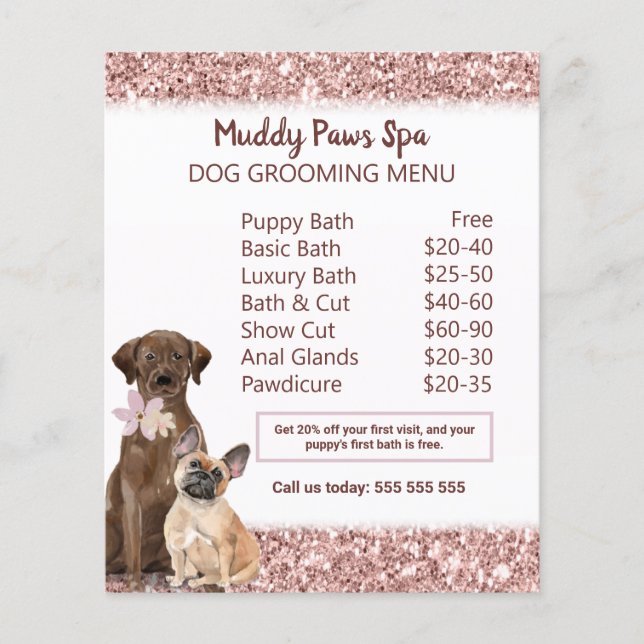 "Elegant Rose Gold Dog Grooming Menu Customizable (Front)