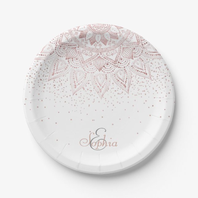 Elegant Rose Gold Dots Mandala Paper Plate (Front)