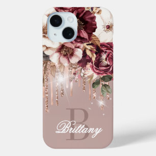 Elegant Rose Gold Drips Burgundy Floral Monogram iPhone 15 Case