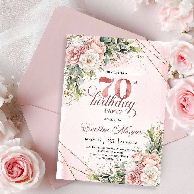 Elegant Rose Gold Dusty Pink Floral 70th Birthday  Invitation (Rose gold floral 70th birthday,
editable custom digital invitation,
budget delicate birthday invite )