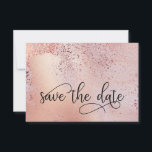 Elegant Rose Gold Faux Foil and Glitter Save The Date<br><div class="desc">Elegant Rose Gold Save the Date with ornate hand lettered calligraphy. The template is set up for you to personalise the back with your celebration details. The design has a trendy blended background of rose gold faux foil, watercolor, rose gold foil chips and glitter dust. The back also has delicate...</div>
