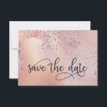 Elegant Rose Gold Faux Foil and Glitter Save The Date<br><div class="desc">Elegant Rose Gold Save the Date with ornate hand lettered calligraphy. The template is set up for you to personalise the back with your celebration details. The design has a trendy blended background of rose gold faux foil, watercolor, rose gold foil chips and glitter dust. The back also has delicate...</div>