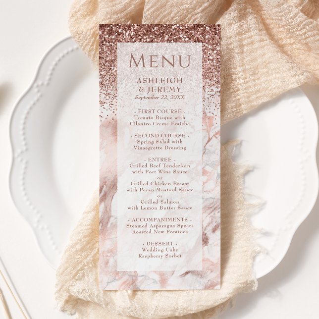 Elegant Rose Gold Faux Glitter Marble Wedding Menu (Creator Uploaded)