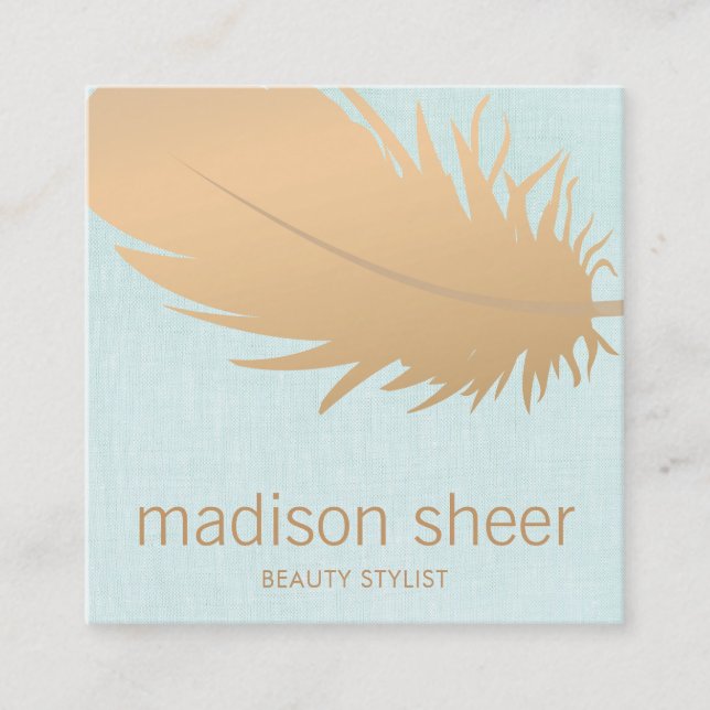 Elegant Rose Gold Feather Turquoise Blue Linen Square Business Card (Front)