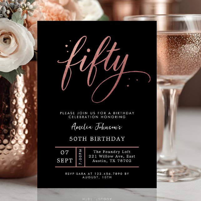 Elegant Rose Gold Fiftieth 50th Birthday Invitatio Invitation (Fifty and flawless ✨ Celebrate your milestone with this chic rose gold birthday invite.)