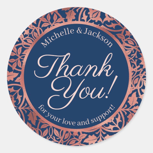 Elegant Rose Gold Floral Border Thank You Wedding Classic Round Sticker (Front)